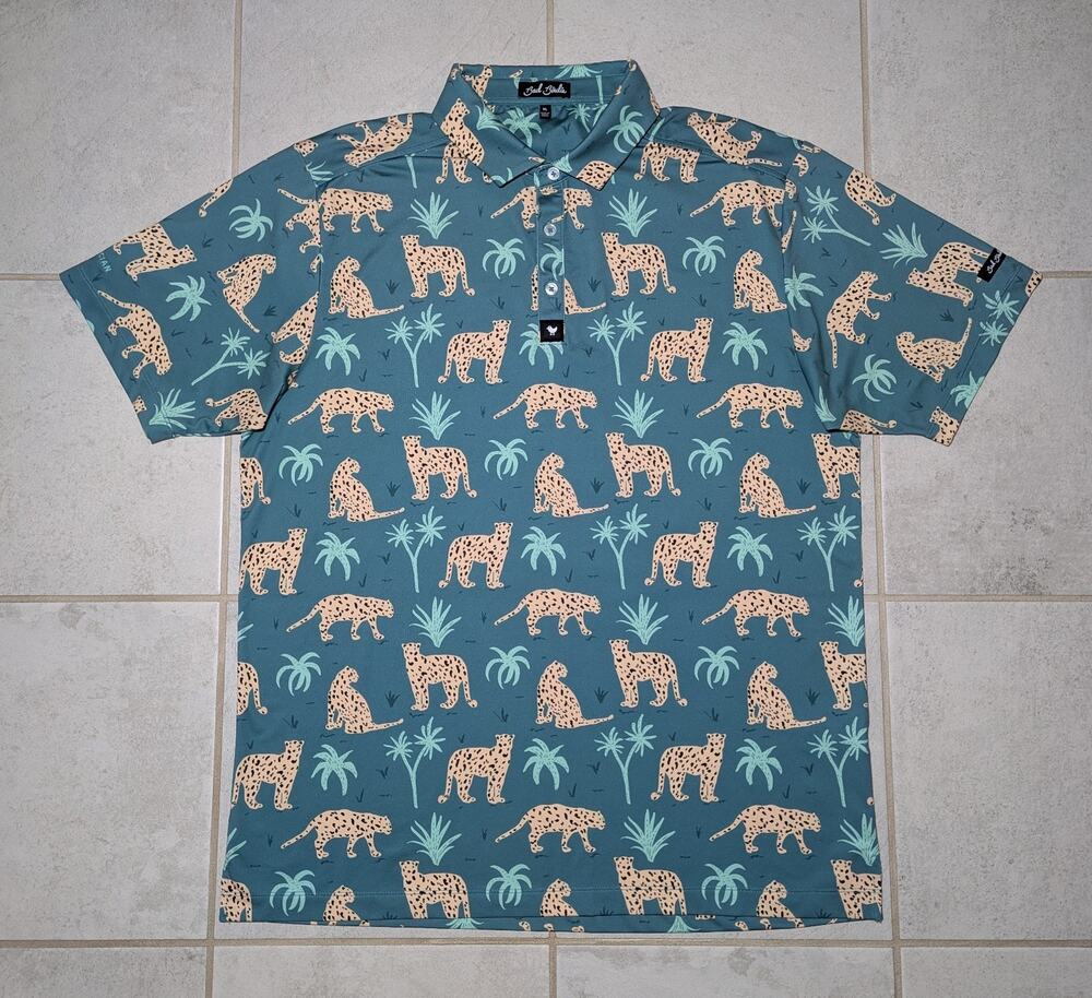 Bad Birdie Men's XL Polo Shirt Teal Hit the Lynx Leopard Cheetah The Phoenician